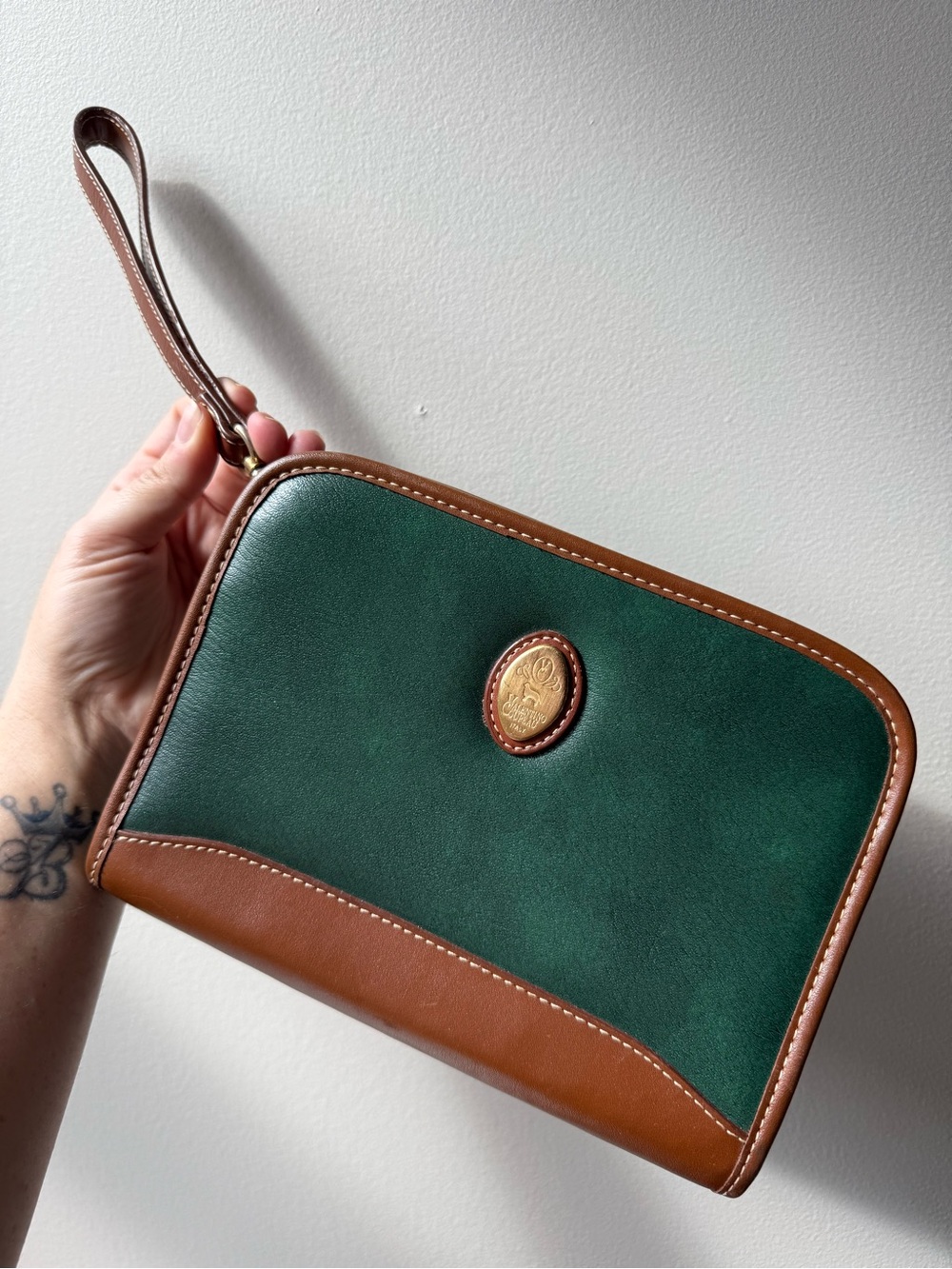 Vintage Valentino Coupeau Italy Emerald Green & Cognac Leather Wristlet Clutch